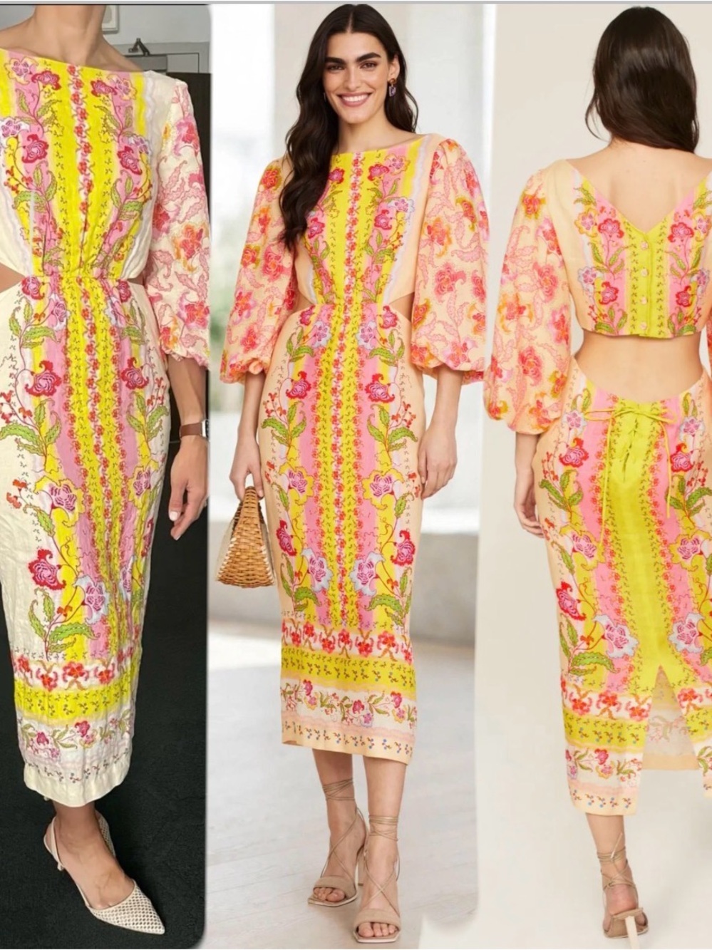 SALONI Neelam Dress Floral Embroidered Midi Skirt in Yellow and Pink SZ 4